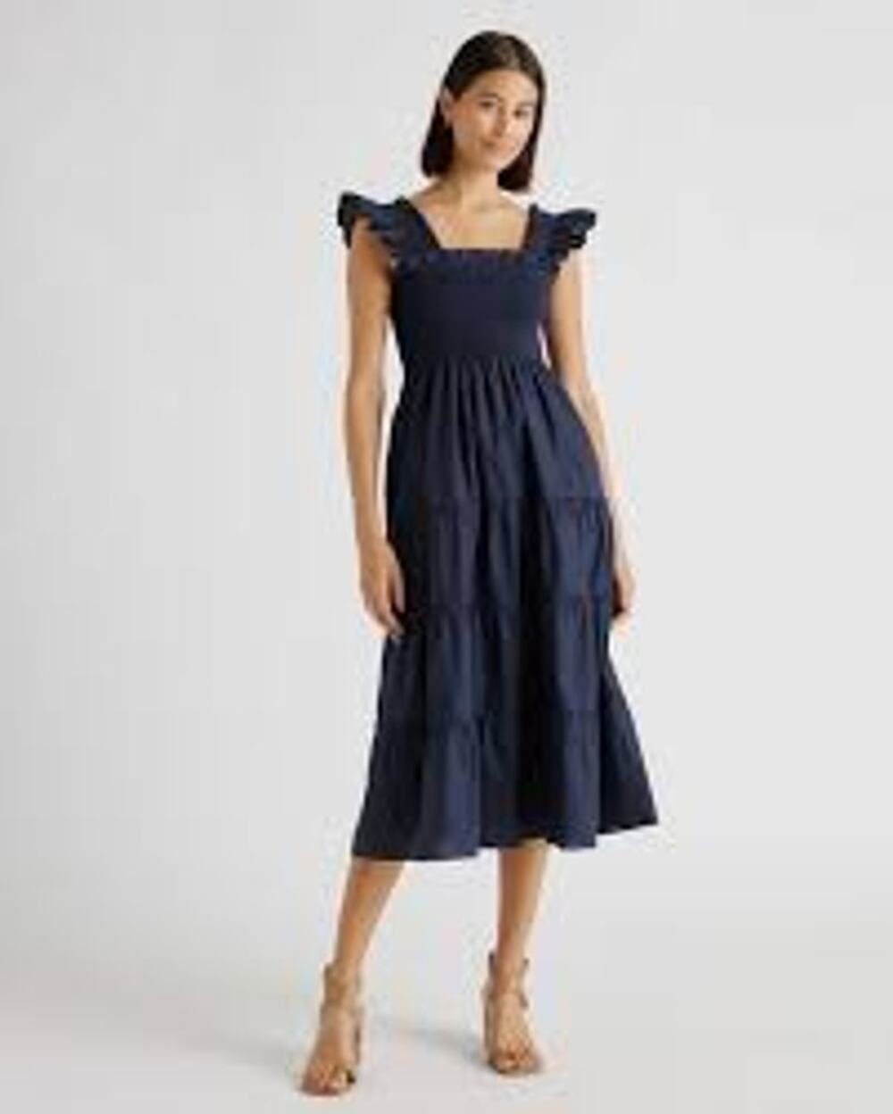 Quince Womens Dress Size M Navy Blue Tiered Ruffle Strap Cotton NWT